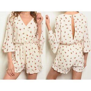 Molly Green Rose Print Floral Ruffle Cream 3/4 Sleeve Romper Sz L